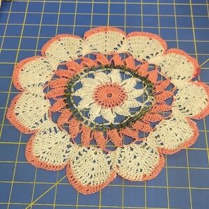 Vintage Handmade Crochet 10.5" Doily in Cream Pink Green